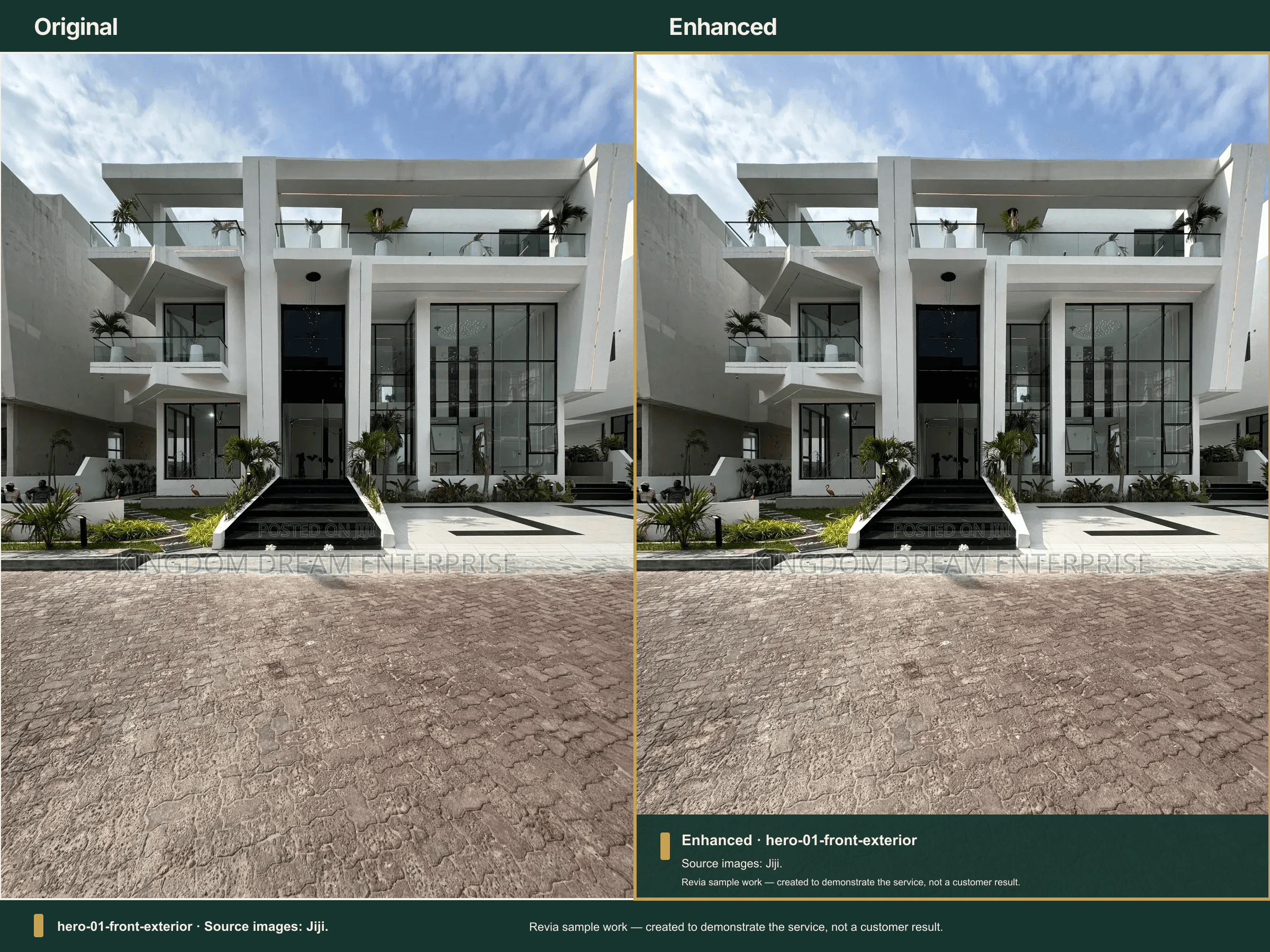 Original and enhanced exterior image from a Revia sample property-marketing workflow