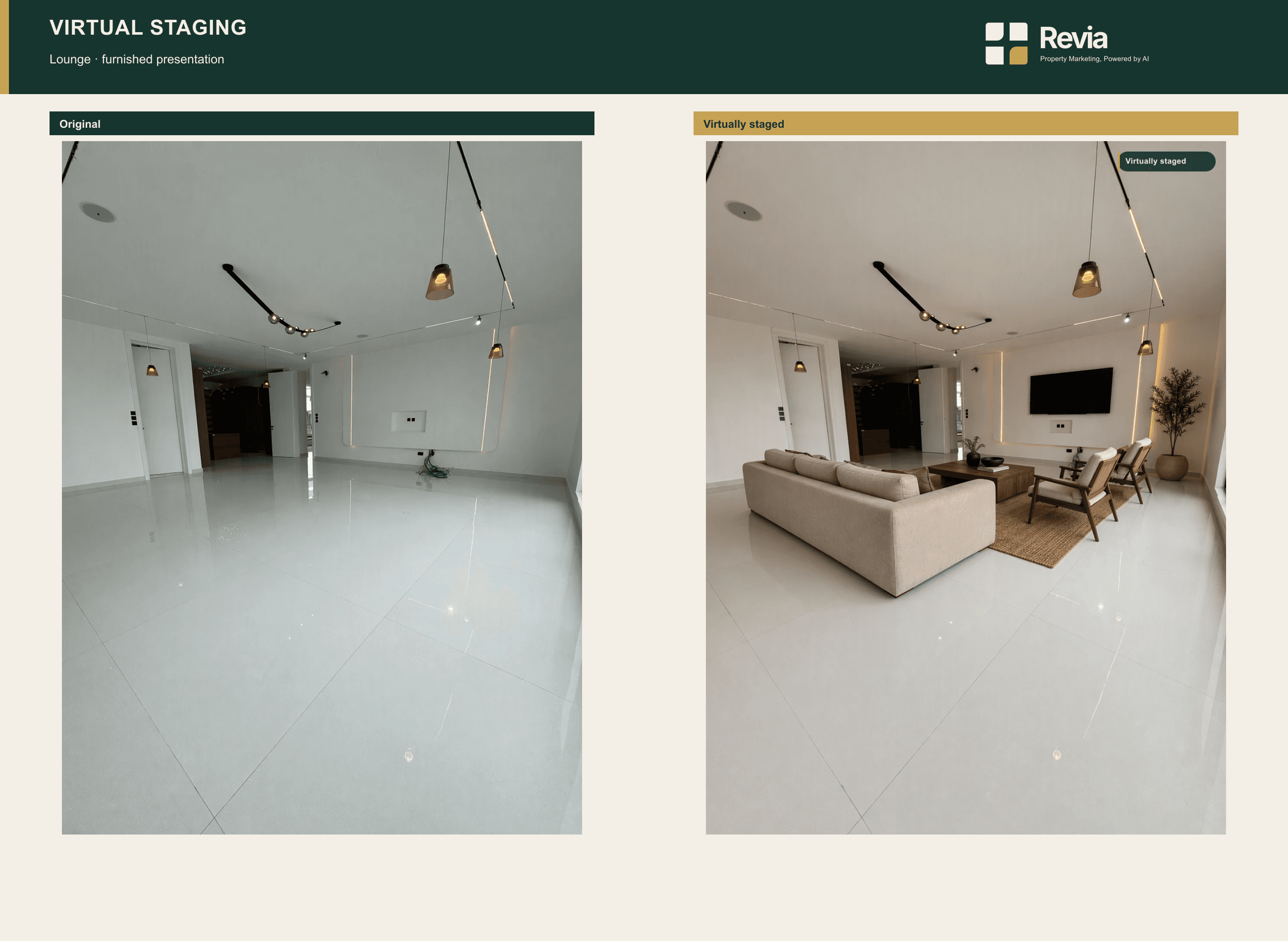 Original and virtually staged lounge image from a Revia sample property-marketing workflow